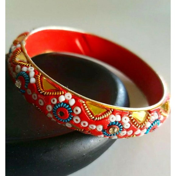 Vintage 70s India Painted Beaded Mirrored Bangle Bracelets Boho Hippie Festival - Picture 1 of 7